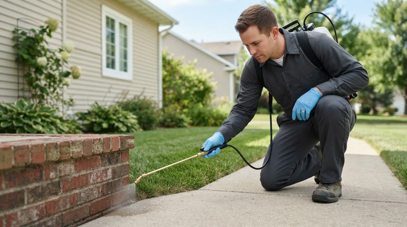 Pest control technician treating a home near Clopton, AL