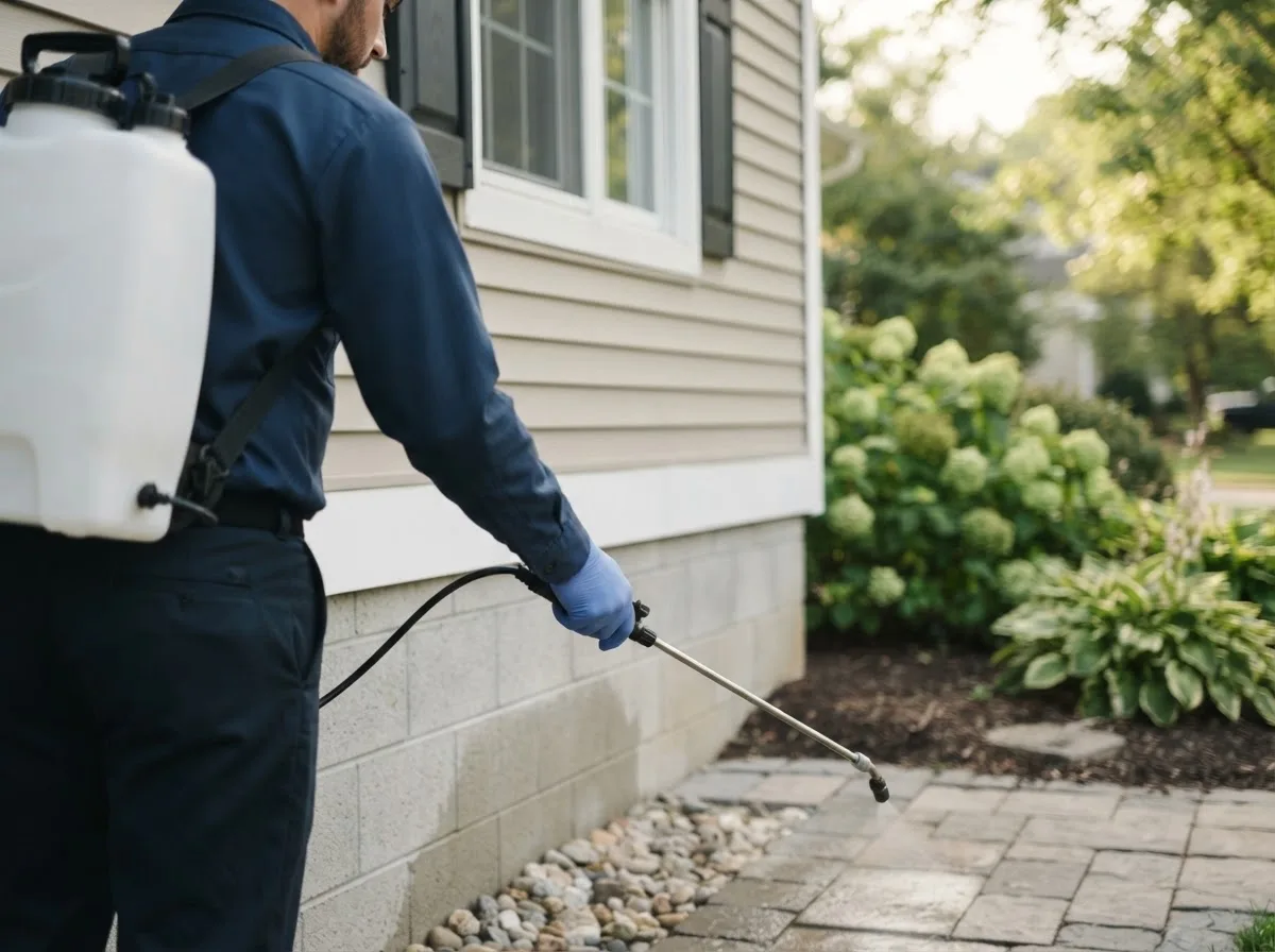 Pest control technician inspecting a home in Clopton, AL